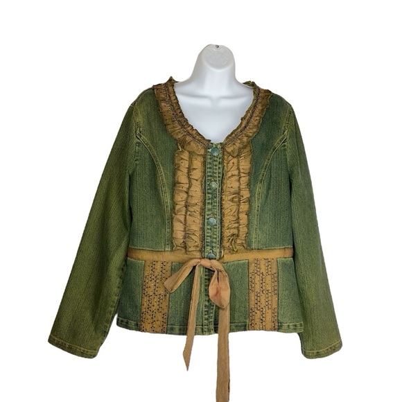 Vintage Joy London Denim Ruffled Beaded Jean Jacket Large Extra Large - Picture 3 of 15